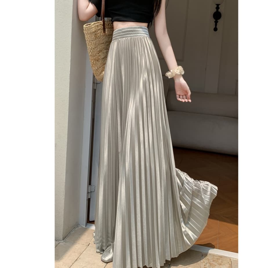Zenmoya Satin Maxi Skirt กระโปรงยาวผ้าซาติน กระโปรงพลีทสีพื้นจีบทรงสวย เอวสูง ขอบเอวยางยืด รูปที่ 5