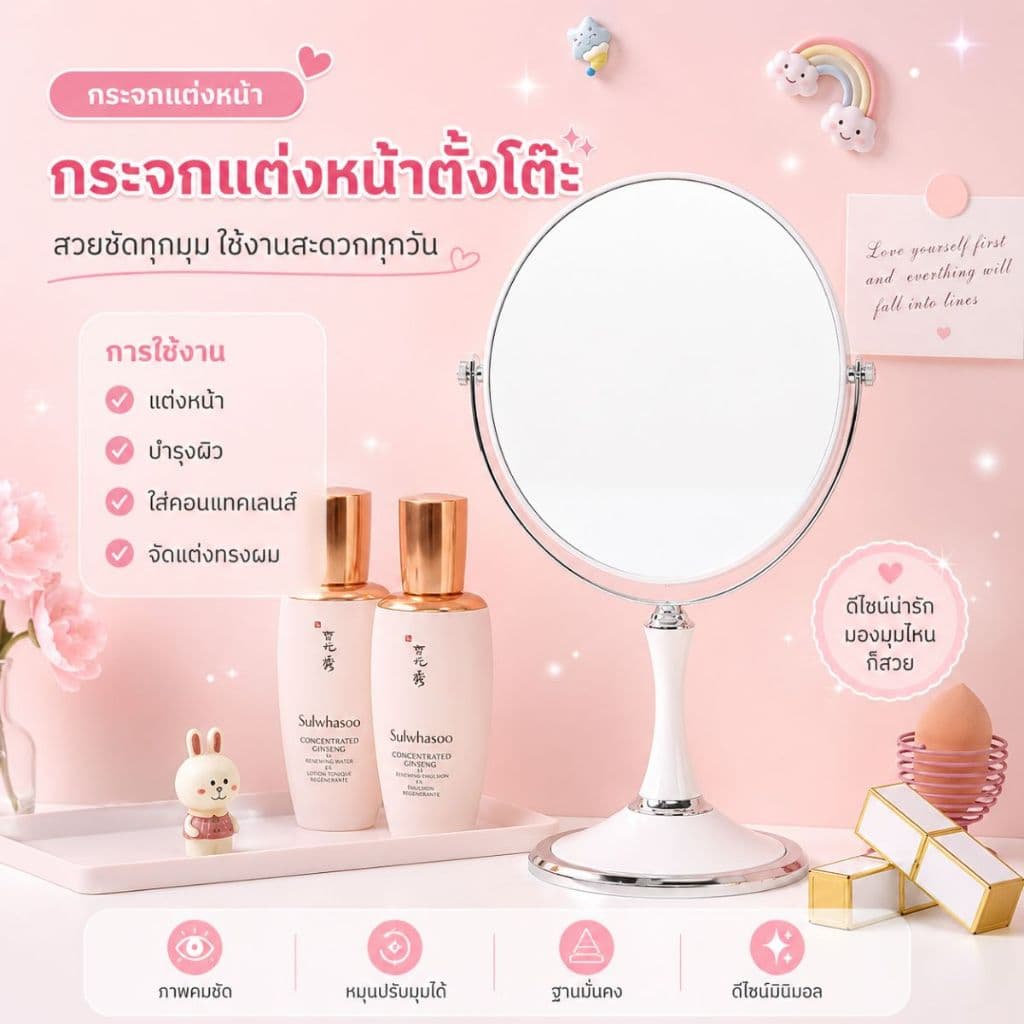 ส่งด่วน กระจกสไตล์เกาหลี 2หน้า แบบใหม่ กระจกมินิมอล กระจกแต่งหน้า ปรับองศาได้ รูปที่ 6