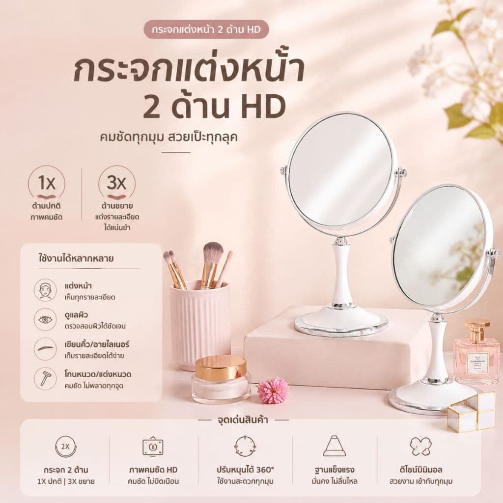 ส่งด่วน กระจกสไตล์เกาหลี 2หน้า แบบใหม่ กระจกมินิมอล กระจกแต่งหน้า ปรับองศาได้ รูปที่ 3