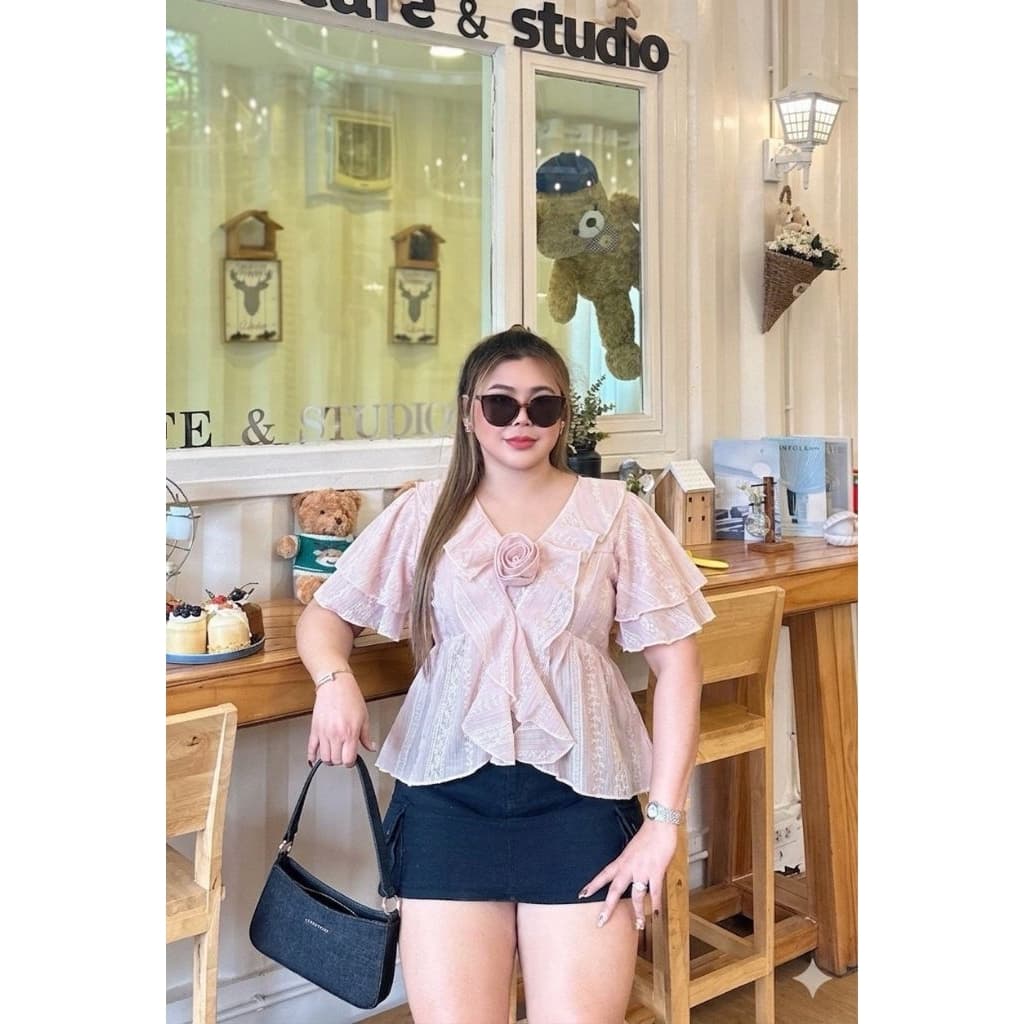 เสื้อ แขนระบายแต่งกุหลาบ ผ้าโรซี่ สม็อคหลัง ทรงเป๊ะ เข้ารูป ใส่แล้วน่ารักมากๆ รูปที่ 4