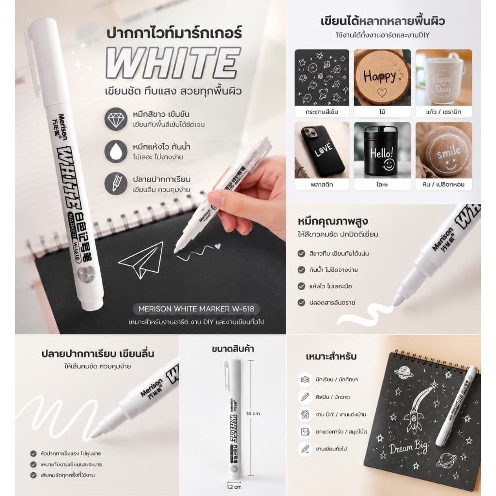 ปากกาเขียนสีขาว Paint Marker ปิดเลขระบายสีตามตัวเลข ปากกาเพ้นท์สีขาว แห้งไวกันน้ำ สำหรับงานอาร์ต รูปที่ 1