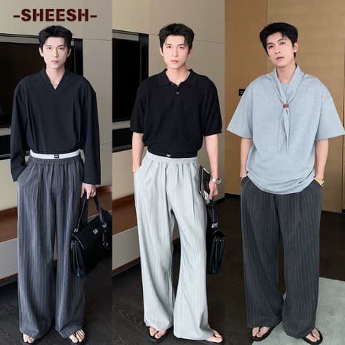 SHEESH กางเกงวอชออนผู้ชาย ลายทางอเมริกันเรโทร เอวยืดสีตัดกัน ขากว้างสไตล์ ใส่สบายทุกวัน รูปที่ 1