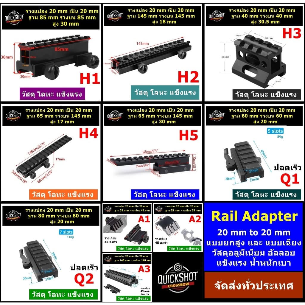 ตัวแปลงราง 11 mm เป็น 20 mm / แปลง 20 mm เป็น 20 mm ยกสูง เฉียง หนีบ วัสดุอลูมีเนียมอัลลอย แข็งแรง รูปที่ 3