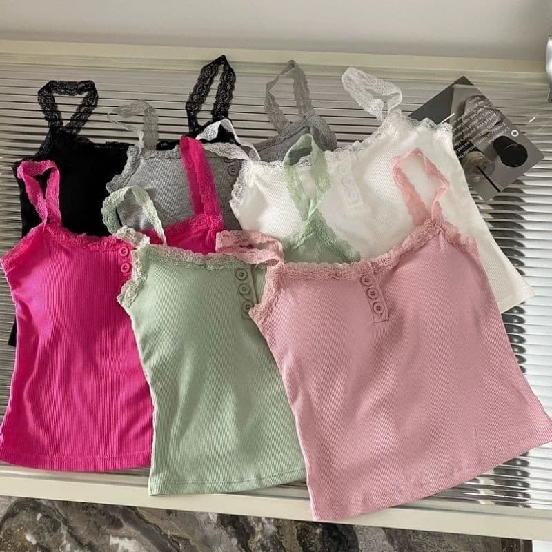 Amarin เสื้อสายเดี่ยว แต่งสายลูกไม้ โบว์อกสวย มีฟองน้ำในตัว น่ารัก สไตล์เกาหลี FY6209 รูปที่ 7