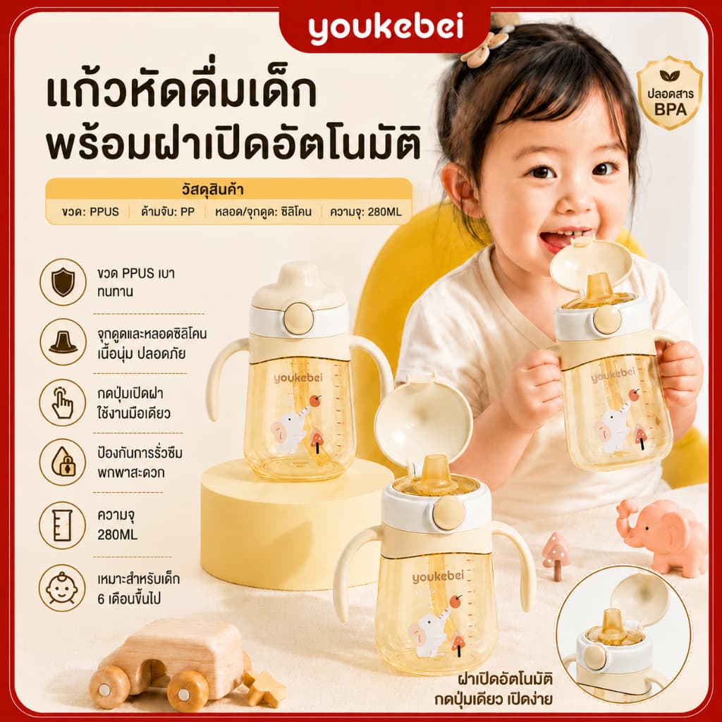 Youkebei ขวดนมเด็ก PPSU ตรวจอุณหภูมิ ป้องกันอากาศ ป้องกันสำลัก 6เดือน+ รูปที่ 1