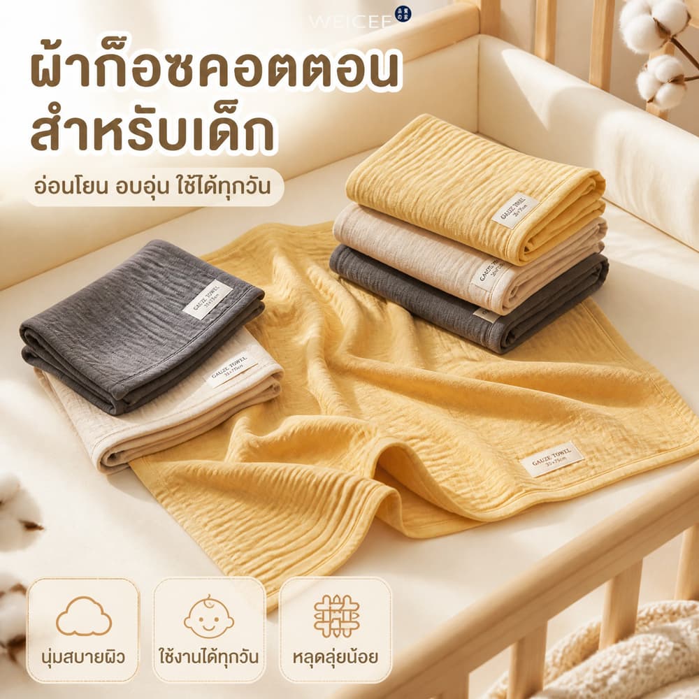 WEICEE ผ้าเช็ดตัว Cotton 100% ผ้าขนหนู เหมาะสำหรับคุณแม่และเด็กทารก สีไม่ตก ขนไม่ร่วง รูปที่ 4