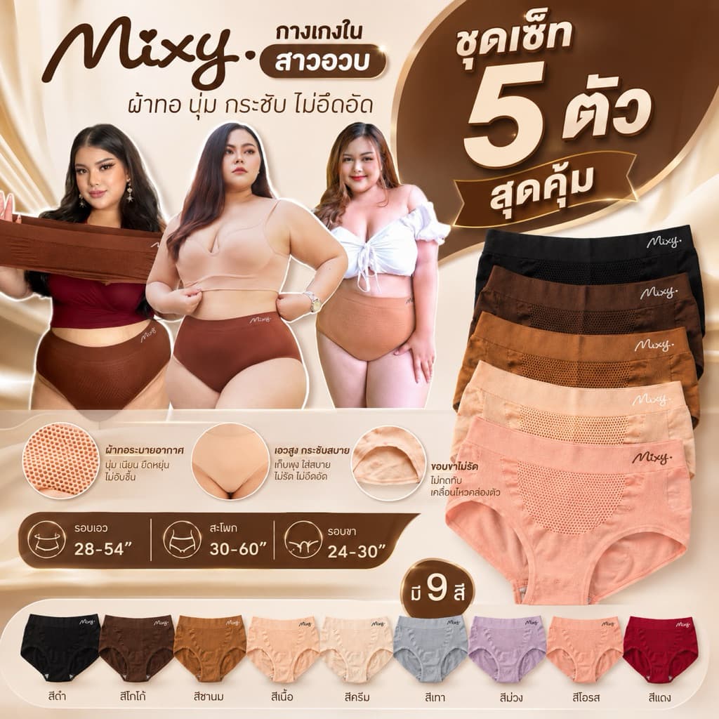 Mixy Aliz ชุด Set 5 ตัว กางเกงในสาวอวบผ้าทอ รอบเอว 28-54" สะโพก 30-60" รอบขา 24-30" รูปที่ 1