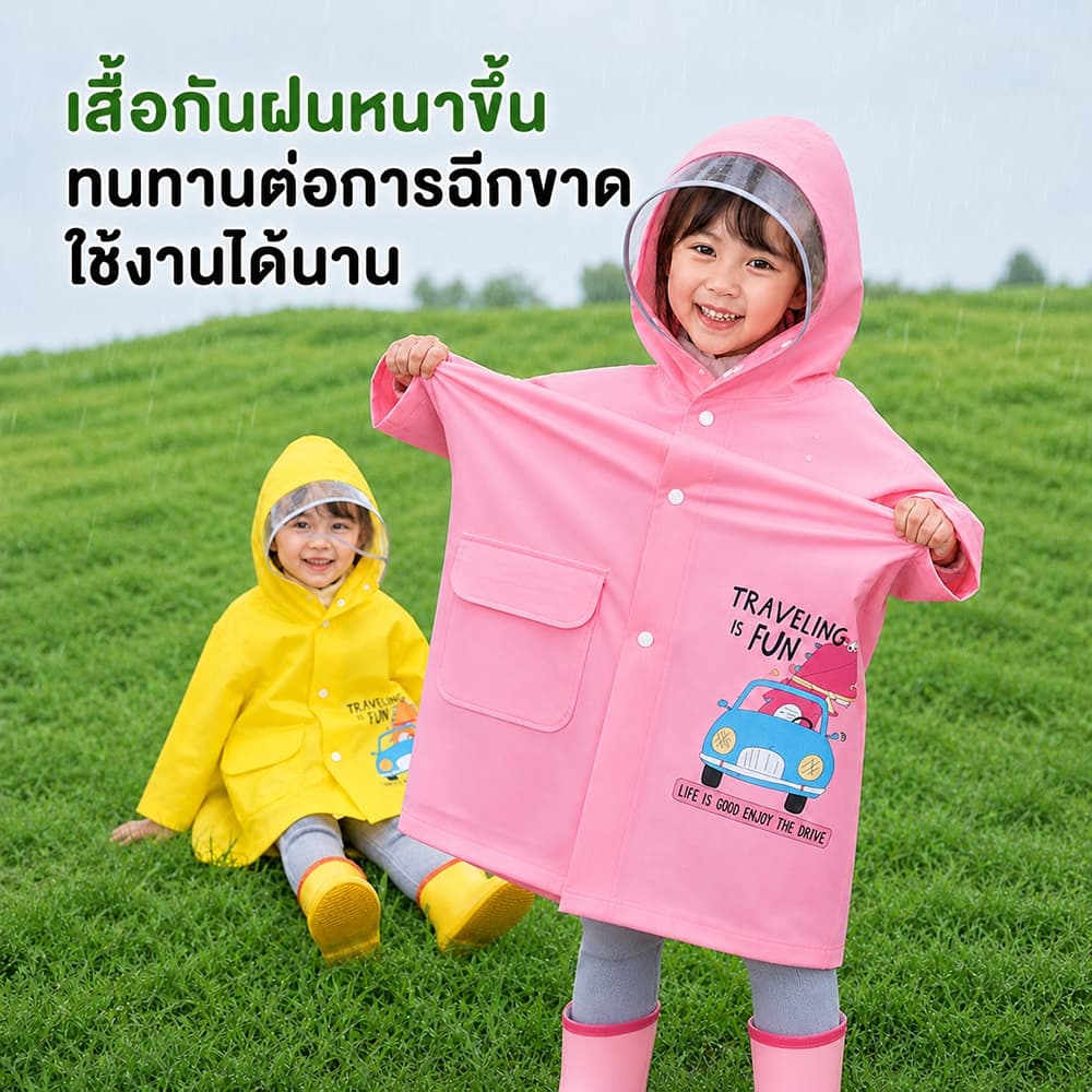 ชุดกันฝนเด็กเสื้อกันฝนเด็กลายการ์ตูนน่ารัก หมวกปีกใหญ่มีช่องสะพายกระเป๋ากันลม-กันฝนดี มีแถบสะท้อนแสง EVA คุณภาพสูง รูปที่ 4
