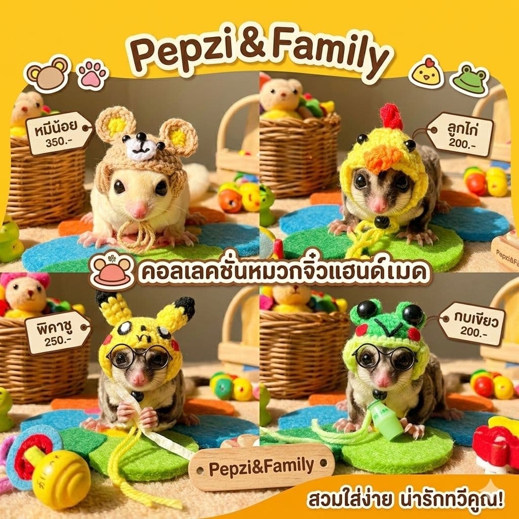 [[[ Pepzi&Family ]]] หมวกชูก้า​ กระรอก​ แฮมเตอร์​  เม่นเเคระ​ นก​จ​99
