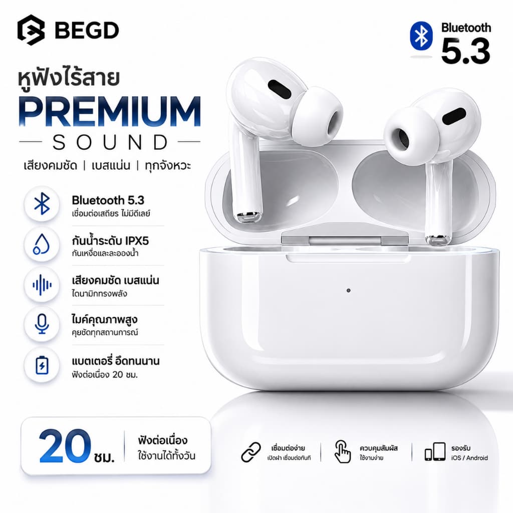BEGD 5.3 TWS R6 หูฟังไร้สายระดับพรีเมียมพร้อมไมโครโฟนหูฟังบลูทูธ ไมโครโฟนในตัวหูฟังควบคุมแบบสัมผั รูปที่ 1