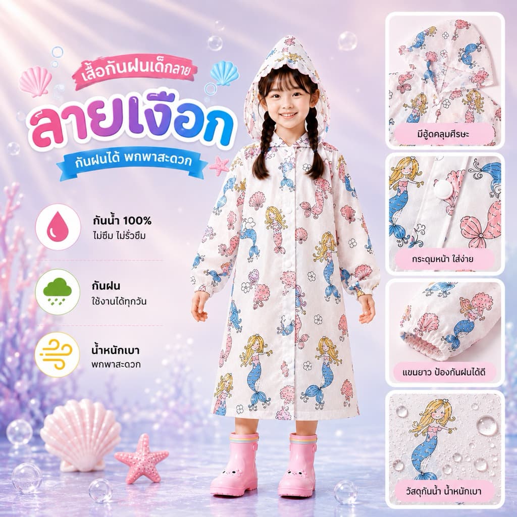 เสื้อกันฝนเด็ก PVC ลายน่ารัก กันน้ำ 100% พร้อมฮู้ด แขนยาว พกพาง่าย รูปที่ 5