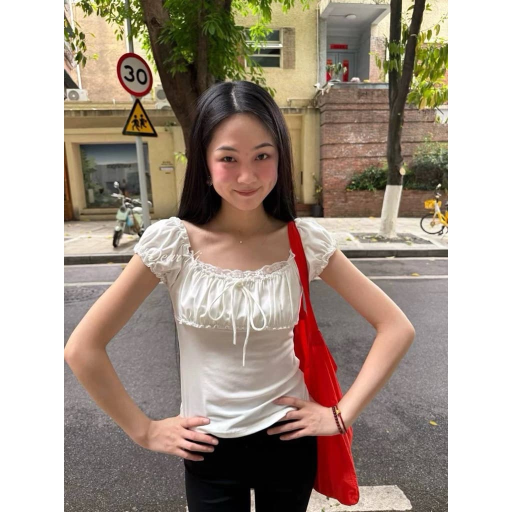 **รุ่นผูกอก**Chunyunew เสื้อยืดแขนตุ๊กตาแต่งระบายผูกอกแขนสั้นผ้ายืดเนื้อผ้ายืดหนาพรีเมียมยืดได้เยอ รูปที่ 4