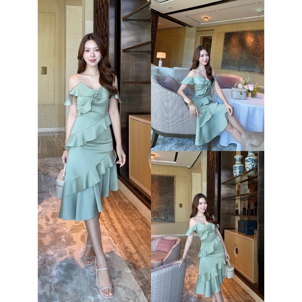 ชุดออกงาน ชุดเพื่อนเจ้าสาว koolykool สายเดี่ยวระบายอ้อมแขนระบายกลางหน้ากระโปรงย้วยผ้าเครบซาตินแถมเข้มกลัดดอกไม้ THO00 รูปที่ 4