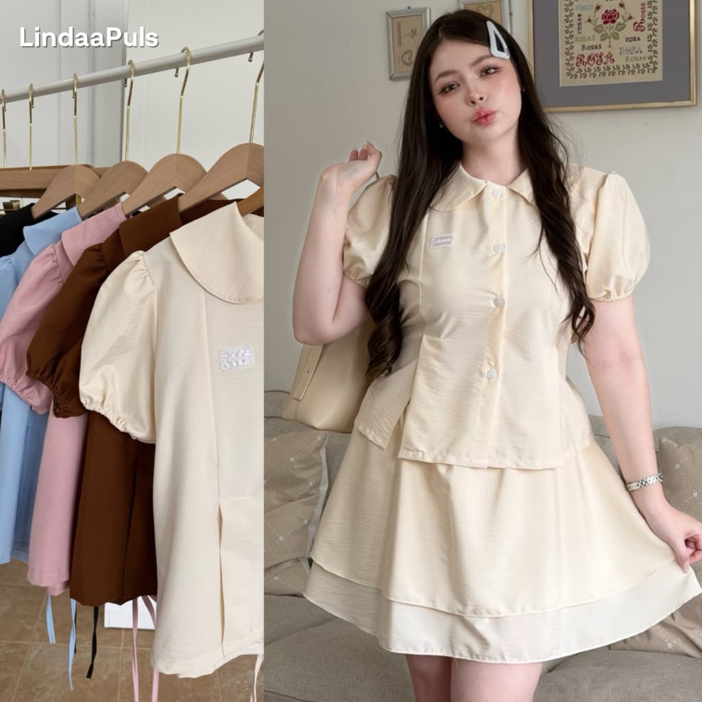 LindaaPlus-- ชุดเซ็ต 2 ชิ้นสาวอวบอ้วน เสื้อคอบัว+กระโปรงสั้นแต่งชั้นๆ เสื้อแต่งจีบมีเชือกผูกเอว เข้ารูปสวยมาก รูปที่ 1