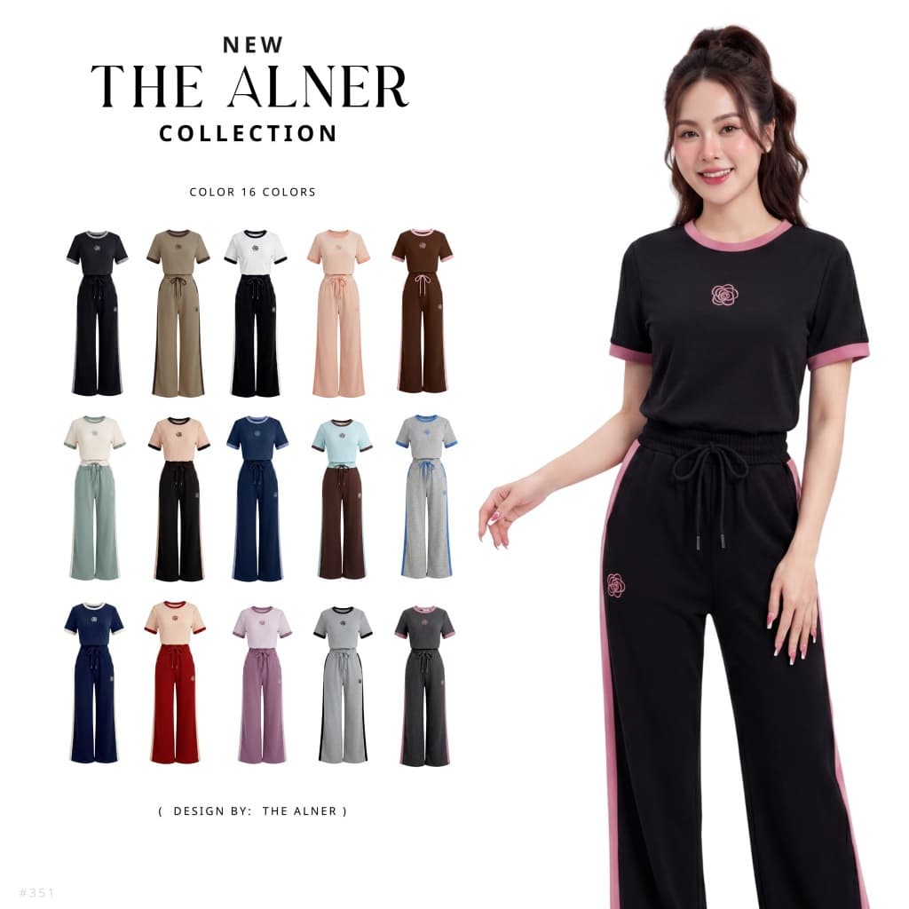 Thealner - Camellia mode  AN351  (เซตเสื้อขาวแต่งแถบดำปักดอก กางเกงวอมขายาว)
