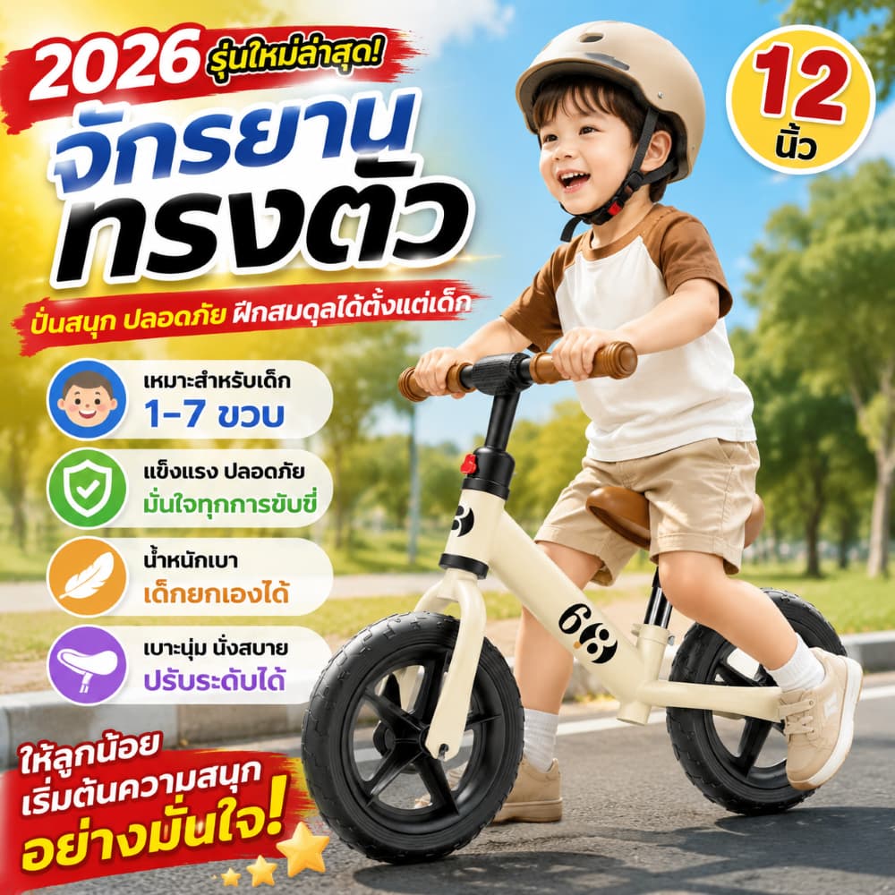 จักรยานขาไถเด็ก 12 นิ้ว จักรยานฝึกการทรงตัว จักรยานทรงตัว ของขวัญและของเล่นกลางแจ้งสำหรับเด็กอายุ2-8ขวบ รูปที่ 1