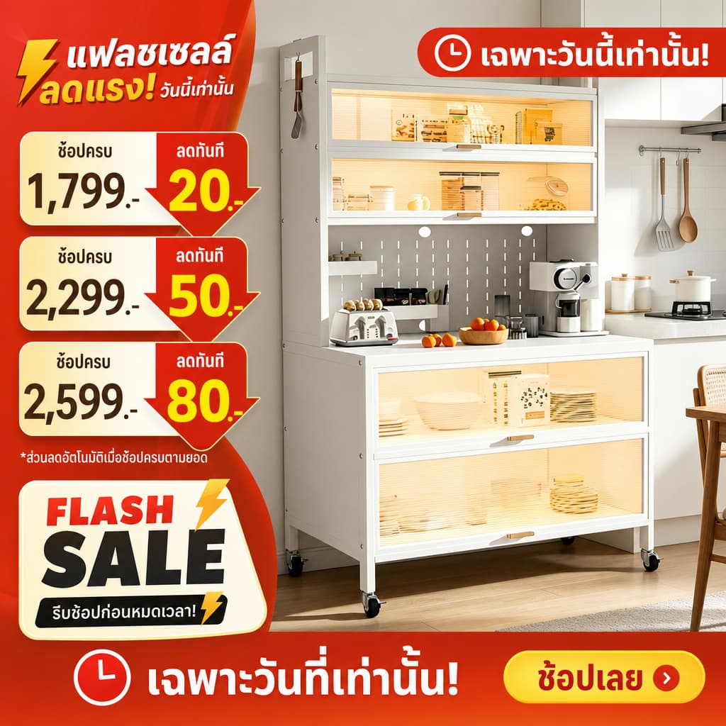 BV ตู้กับข้าว 5/6ชั้น มีล้อ ตู้เก็บของ ดีไซน์กันฝุ่น ประตูตู้พลิก การออกแบบบอร์ดรู สามารถ DIY เก็บของได้ รูปที่ 2
