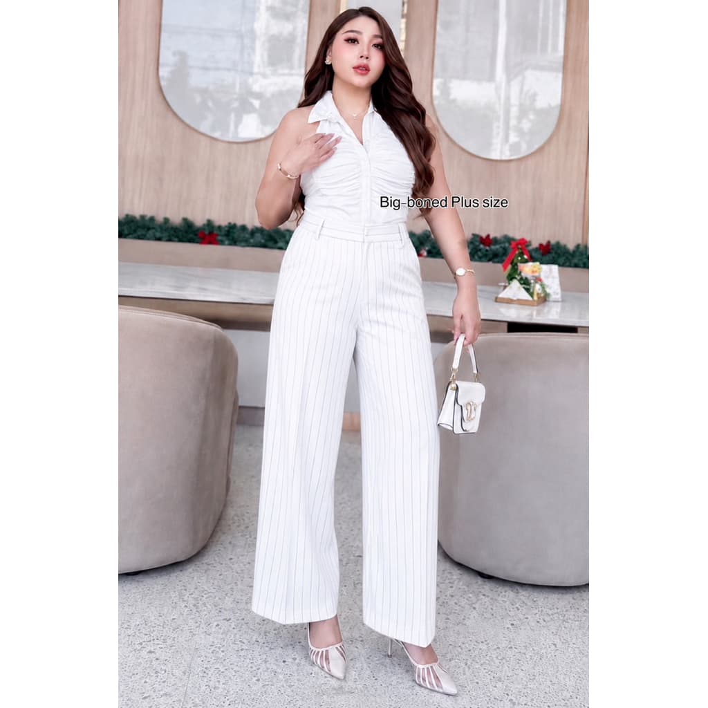 แบบใหม่ ‼ส่งด่วนกางเกงขากระบอกลายริ้วใส่แล้วพรางหุ่นได้ดีเอวสูง#big-size#size34-44 รูปที่ 3