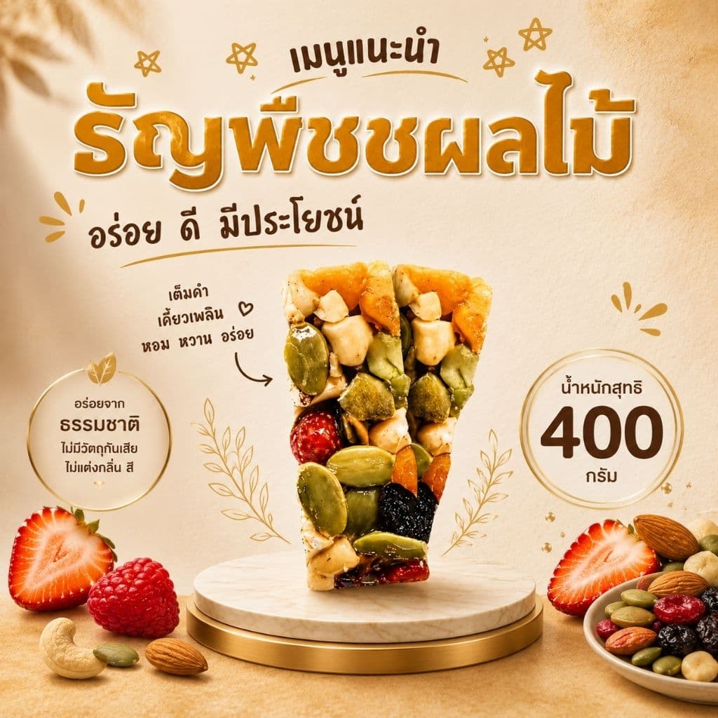 (400กรัม)ธัญพืชผลไม้ อัดแท่ง !! หอม กรอบ หวาน เปรี้ยว ไม่เลี่ยน ไม่หืนรสชาติไม่เหมือนใครอร่อยลงตัว