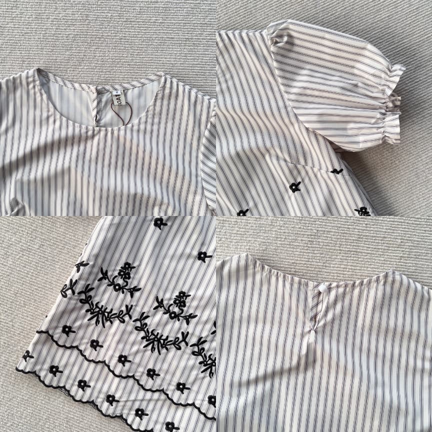 Glucoat | เสื้อแขนสม็อกลายทาง แต่งระบายสองชั้น ปักลายดอกไม้ กระดุมจบหลังหนึ่งเม็ด รูปที่ 5