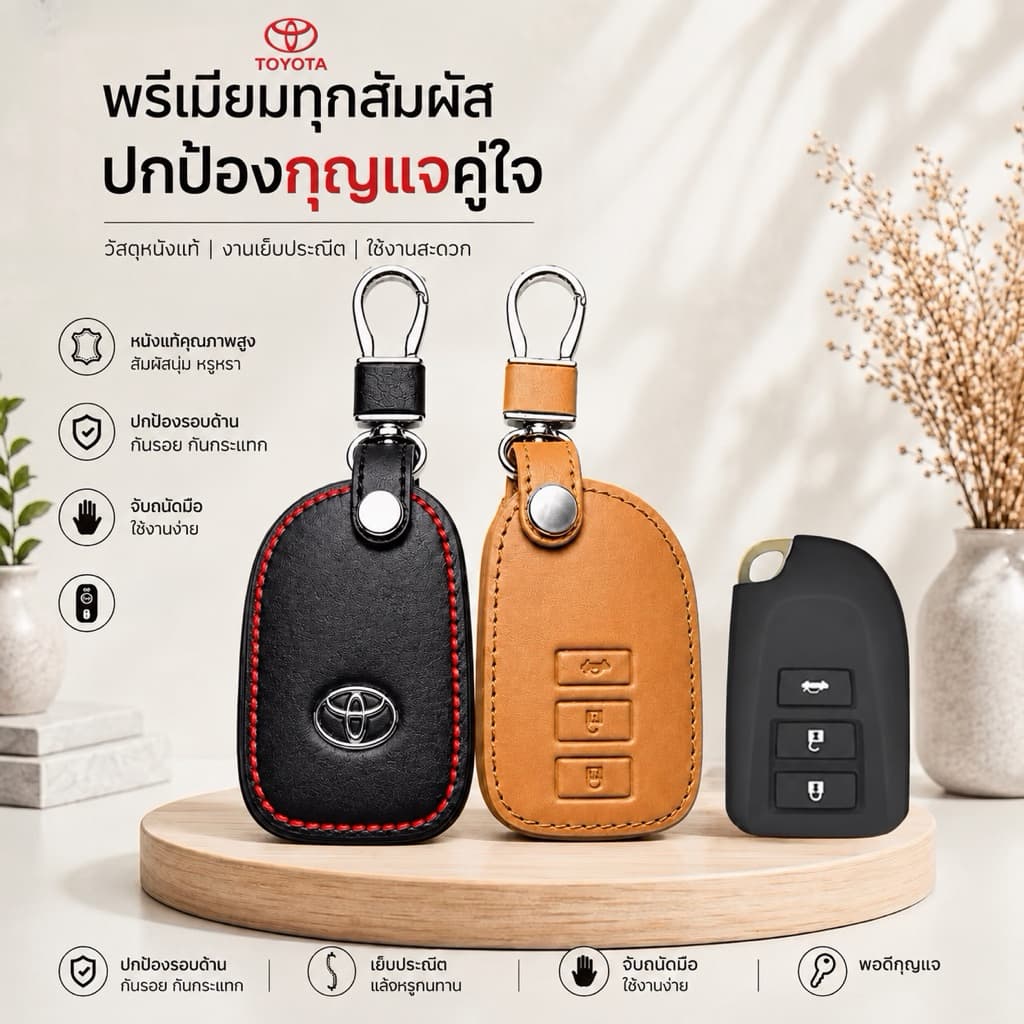 ซองหนังแท้ ใส่กุญแจรีโมทรถยนต์ Toyota Vios, Yaris Ativ 2014-26 แบบ Push Start โลโก้เงิน รุ่น 3 ปุ่ม รูปที่ 1