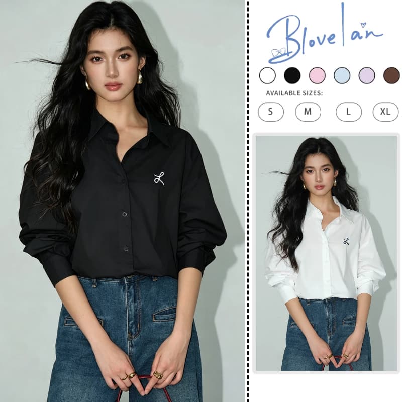 เสื้อเชิ้ตผู้หญิงสี แขนยาว ทรงหลวม วินเทจ สีพื้น สไตล์เกาหลี รูปที่ 1