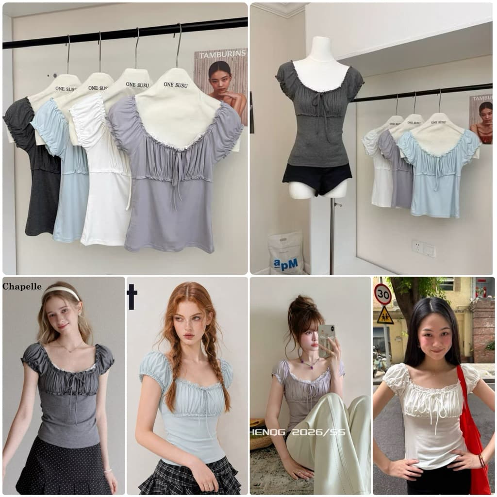 **รุ่นผูกอก**Chunyunew เสื้อยืดแขนตุ๊กตาแต่งระบายผูกอกแขนสั้นผ้ายืดเนื้อผ้ายืดหนาพรีเมียมยืดได้เยอ รูปที่ 1