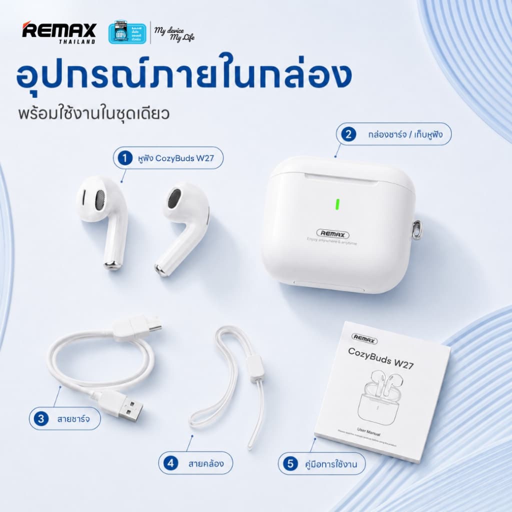 Remax SmallTalk BT CozyBuds w27 - หูฟังไร้สาย บลูทูธ รูปแบบ earbud ขนาดเล็ก น้ำหนักเบา รูปที่ 7