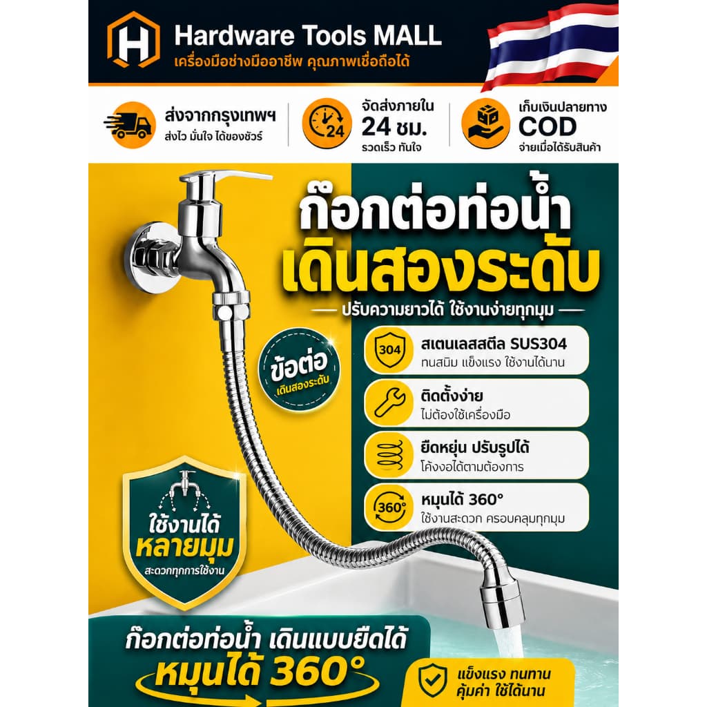 ส่งตรงจากกรุงเทพฯ Hardware Tools MALL ท่อต่อก๊อกน้ำยืดหยุ่น 30-50ซม. หมุนได้ 360° สแตนเลส304 ก๊อกครัว ห้องน้ำ กันกระเซ็น รูปที่ 1