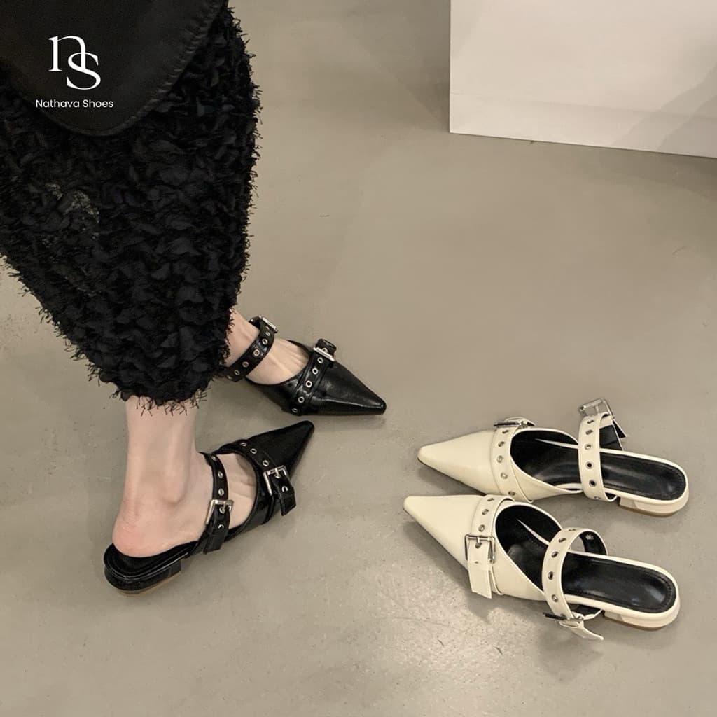 Nathava – ใหม่ รองเท้าแตะหัวแหลม สายคาดหมุดดีไซน์เก๋ ความสูง 3 ซม. ใส่แล้วขาเรียว เดินง่าย ไม่เมื่อย รูปที่ 2