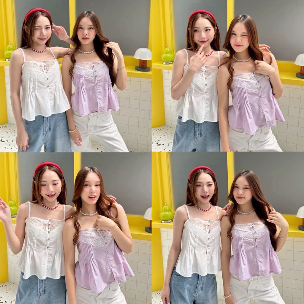 BY IRA เสื้อสายเดี่ยวลูกไม้ แต่งลูกไม้ช่วงอก กระดุมหน้า จับจีบด้านหน้า สายปรับได้ ผ้าใส่สบาย ต้องมีติดตู้ค้าสาวพะ รูปที่ 5