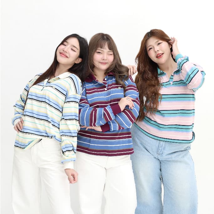 JARINYA เสื้อเชิ้ตคอปกแขนยาวลายทาง Unisex ทรง Oversize เนื้อผ้าคุณภาพเกรดดี ใส่สบาย ปักอะไหล่ โลโก้ รูปที่ 2