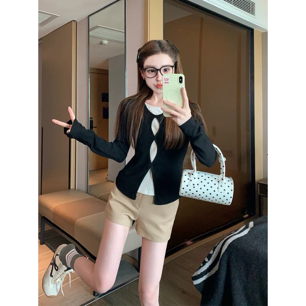 STR เสื้อยืดแขนยาวทรงครอป ดีไซน์เก๋เก๋ เสื้อเชิ้ตรัดรูปสองชิ้นติดกัน สายโพกาดอท สไตล์เกาหลี แฟชั่นผู้หญิงY2K รูปที่ 3