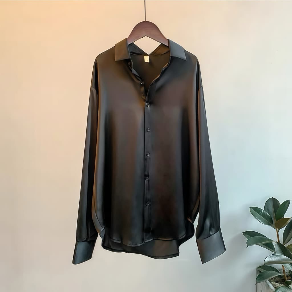 MM001 เสื้อเชิ้ตใส่ทำงาน เสื้้อเชิ๊ตสีดำ แขนยาวผ้าซาติน สไตล์เกาหลี ใส่ทำงาน สำหรับผู้หญิง รูปที่ 2