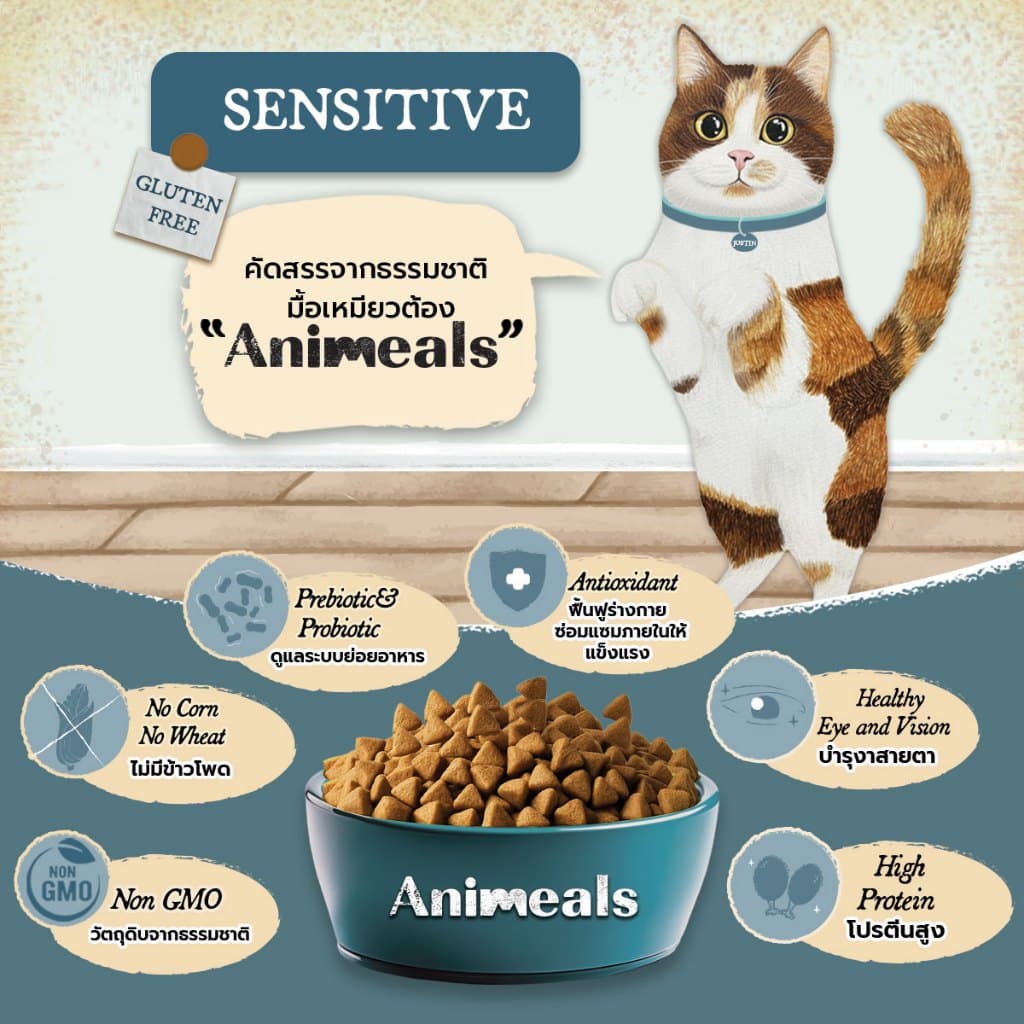 Animeals Sensation อาหารแมว 1.2kg สูตรกินง่าย หอมอร่อย สำหรับแมวเลือกกิน เบื่ออาหาร ไก่งวงและปลาเนื้อขาว กลูเตนฟรี รูปที่ 6