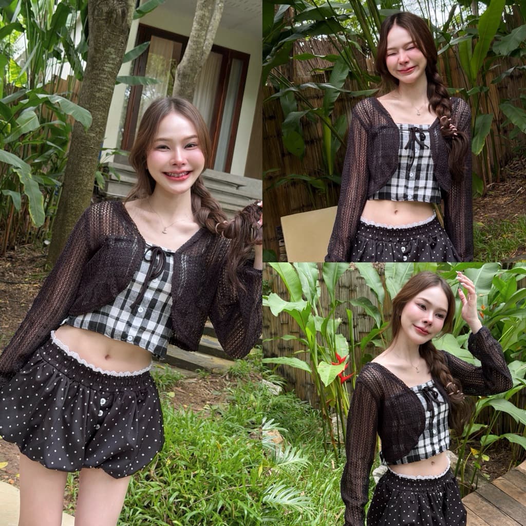 BY IRA Rita 2-pieces Top Set งานเสื้อคลุมเซ็ท​ 2 ชิ้น​ สายดี่ยวลายสก๊อต​ + เสื้อคลุมแขนยาวสีน้ำตา รูปที่ 2