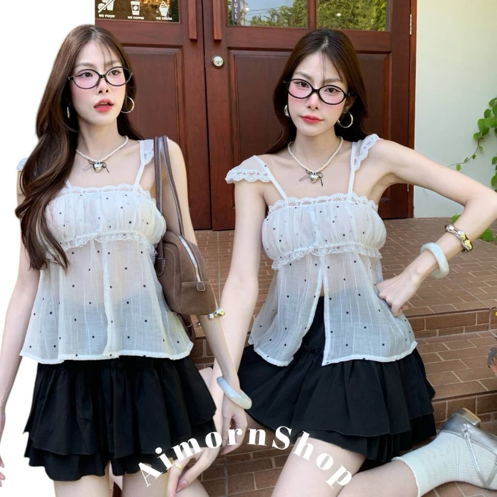 aimorn_shopเสื้อสายเดี่ยว ลายจุด ผ้าบาง ขอบติดลูกไม้น่ารักๆ ด้านหน้าแหวกเพิ่มความเซ็กซี่ งานใส่สบาย รูปที่ 3