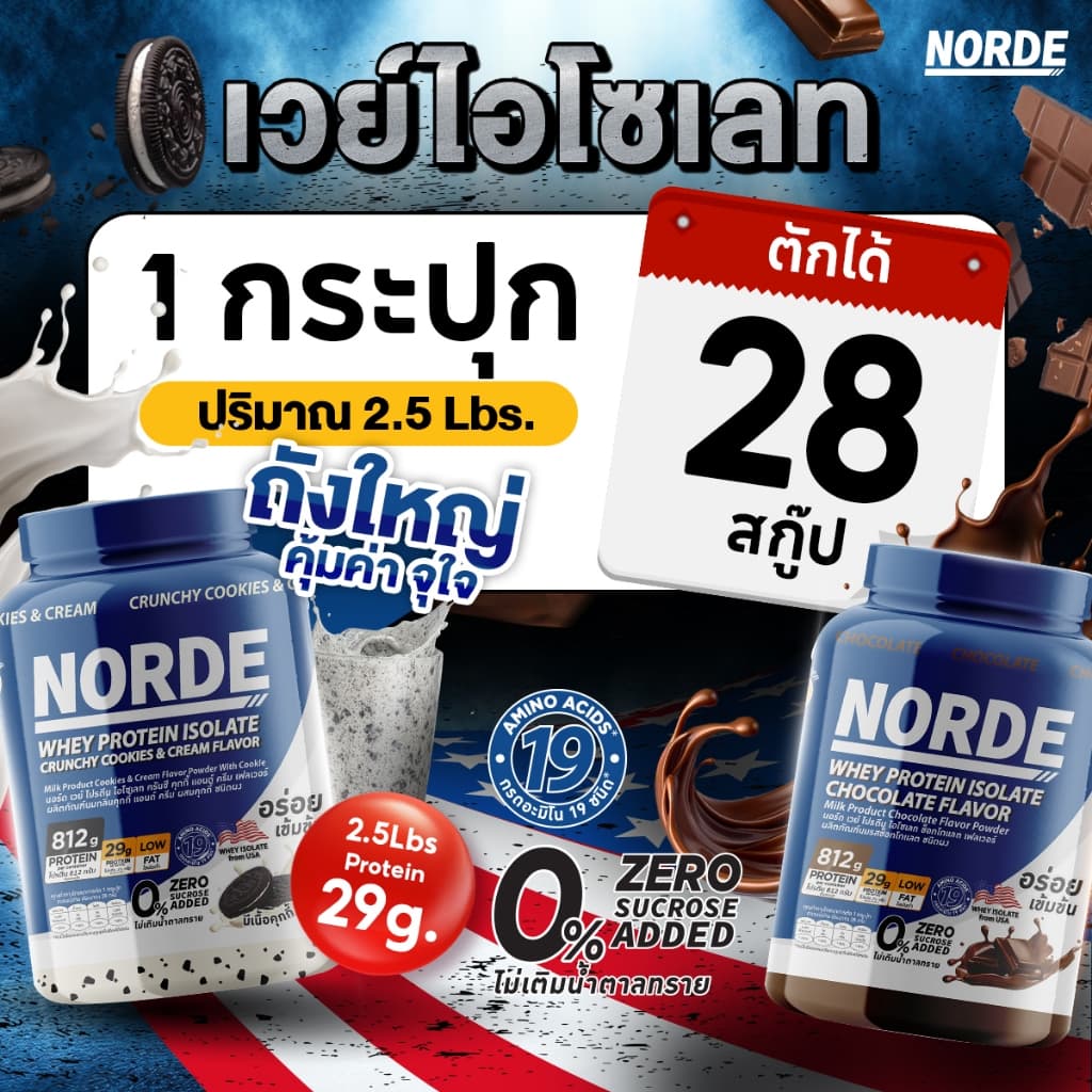 Norde Whey Protein Isolate เวย์โปรตีน ไอโซเลท สูตรเข้มข้น รสช็อกฯ โปรตีนสูง 29g เสริมสร้างกล้ามเนื้อ กระปุกใหญ่ 2.5 lbs รูปที่ 2