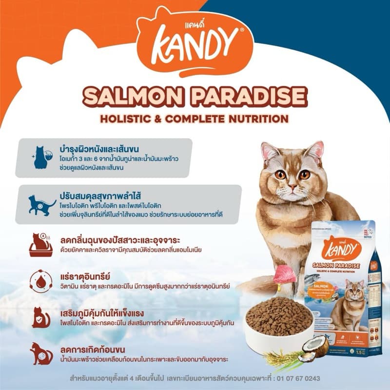 Kandy แคนดี้ *แพ็กคู่ 2 ถุง* อาหารแมวโฮลิสติก สำหรับแมวทุกช่วงวัย เน้นเรื่องการบำรุงขน ไม่เติมเกลือ ขนาด 1.5 Kg รูปที่ 4