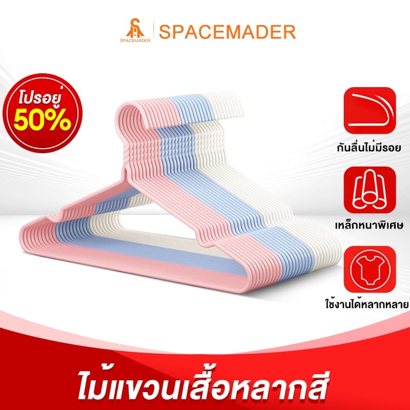 SPACEMADER โปรเด็ด!!ไม้แขวนเสื้อ ยางกันลื่น ไม้แขวน ราวตากผ้า ไม้แขวนผ้า ไม่เป็นสนิม รองรับได้ถึง 20 กก ใหม่ รูปที่ 1
