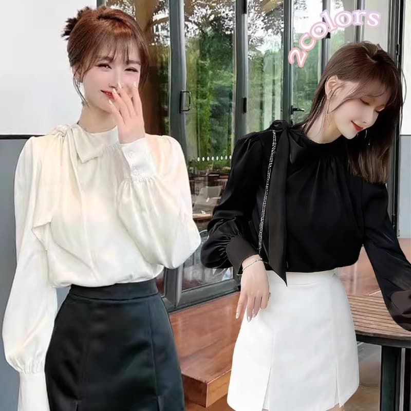 99316 akifoon.store เสื้อเบลาส์ผูกโบว์สไตล์เกาหลี/ฮ่องกงใหม่สำหรับผู้หญิง ดีไซน์เรียบง่ายแต่ใช้งานได้หลากหลาย เหมาะสำหรั รูปที่ 1