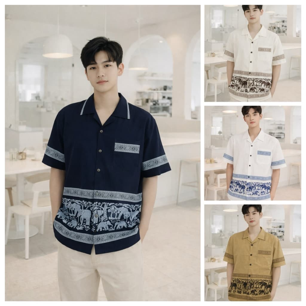 เสื้อผ้าฝ้าย เสื้อพื้นเมือง คอปก ผู้ชาย พิมพ์ลายช้าง แต่งกระดุมไม้ ผ้านุ่ม ใส่สบาย ไม่ร้อน รูปที่ 1