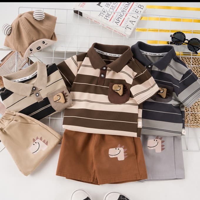 Babyonline 2K5 ชุดเซ็ตเสื้อคอปกกางเกงขาสั้นสุดเท่สำหรับเด็กผู้ชาย ผ้านิ่ม ระบายอากาศได้ดี รูปที่ 2