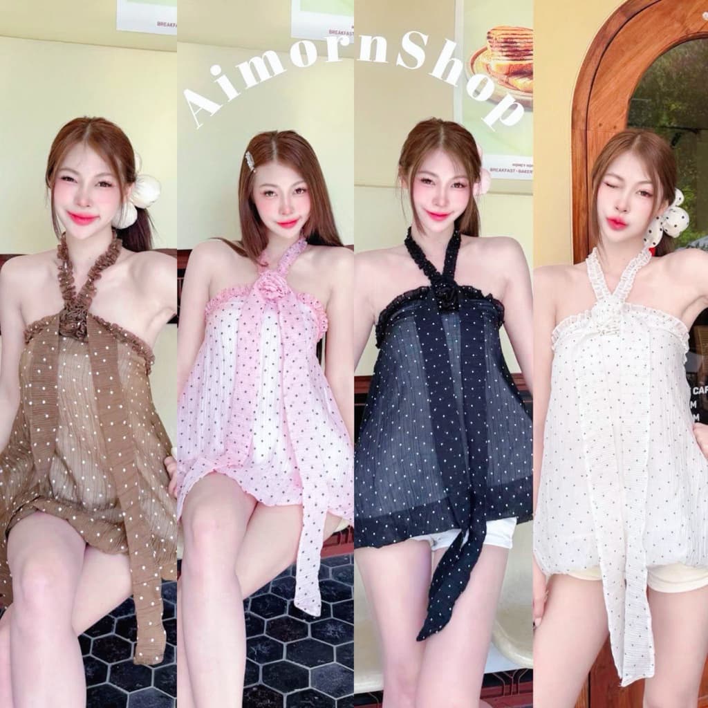 aimorn_shopเสื้อคล้องคอ ทรงบอลลูน ลายจุด สม็อคหลัง งานผ้าพริ้ว ผ้าใส่สบาย ฮิตสุดๆ รูปที่ 1