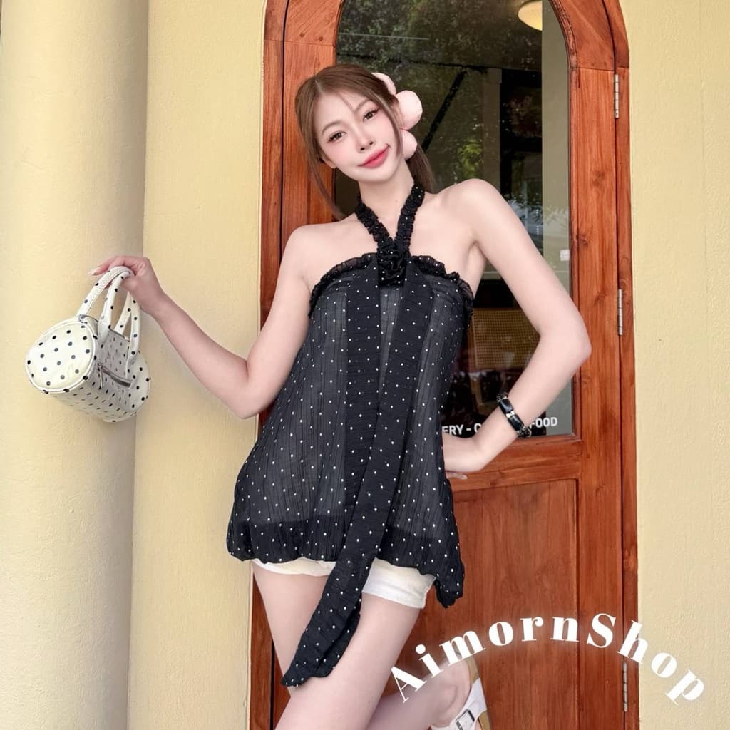 aimorn_shopเสื้อคล้องคอ ทรงบอลลูน ลายจุด สม็อคหลัง งานผ้าพริ้ว ผ้าใส่สบาย ฮิตสุดๆ รูปที่ 5