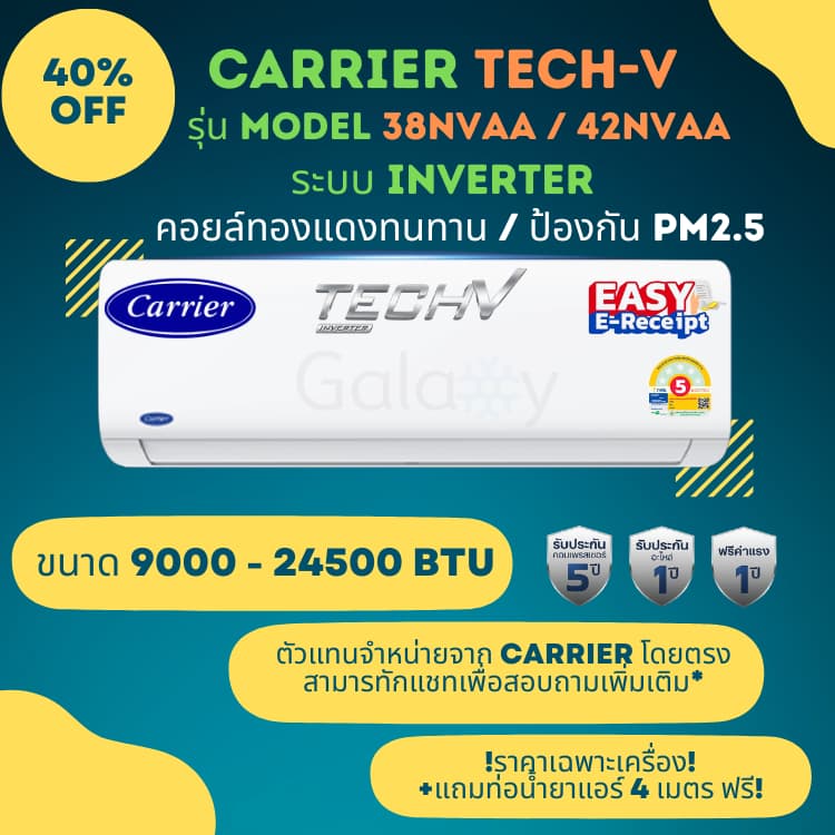 CARRIER แอร์ติดผนังระบบอินเวอร์เตอร์รุ่น TECH-V Series NVAA ระบบ Inverter ขนาด 9200-25200 BTU รูปที่ 7