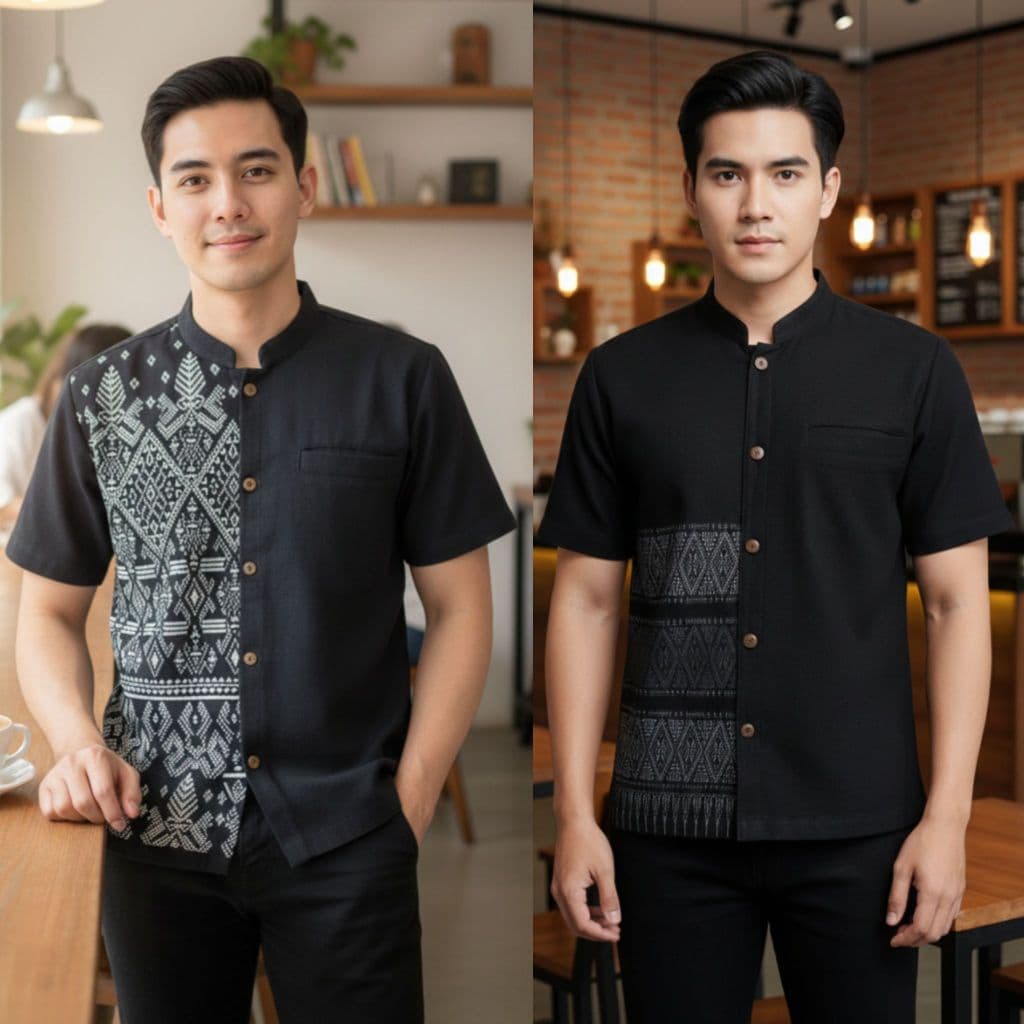 เสื้อลายไทยทูโทนผู้ชายแขนสั้น เนื้อผ้าฝ้ายพิมพ์ลายหมักโคลน โทนสีดำ แถม!!ถุงใส่แก้วน้ำ