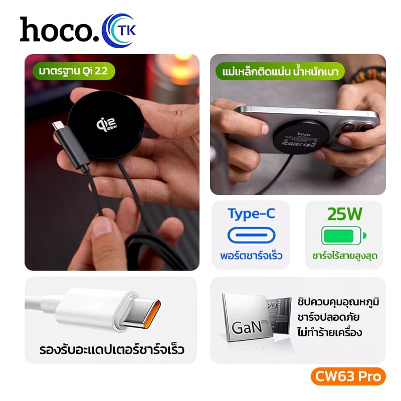 แท่นชาร์จไร้สายชาร์จเร็ว 25W Wireless Charger สาย Type-C ยาว 1.2 เมตร แม่เหล็กยึดติดแน่น ดีไซน์บางเฉียบ HOCO CW63 Pro รูปที่ 6