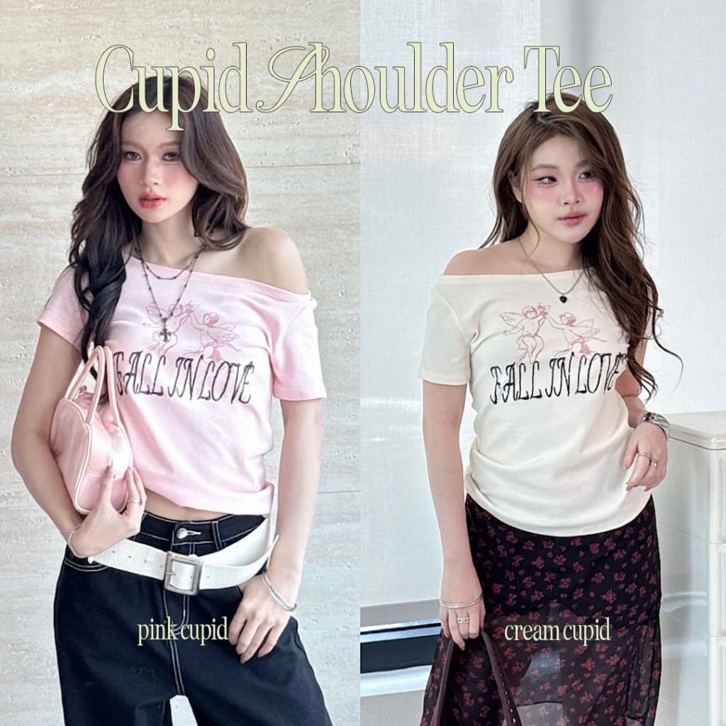 Choosedress A2031 Cupid Shoulder Tee เสื้อยืดคอกว้าง เสื้อปาดไหล่ สกรีนลายคิวปิก ดีเทลปักตัวอักษร รูปที่ 1