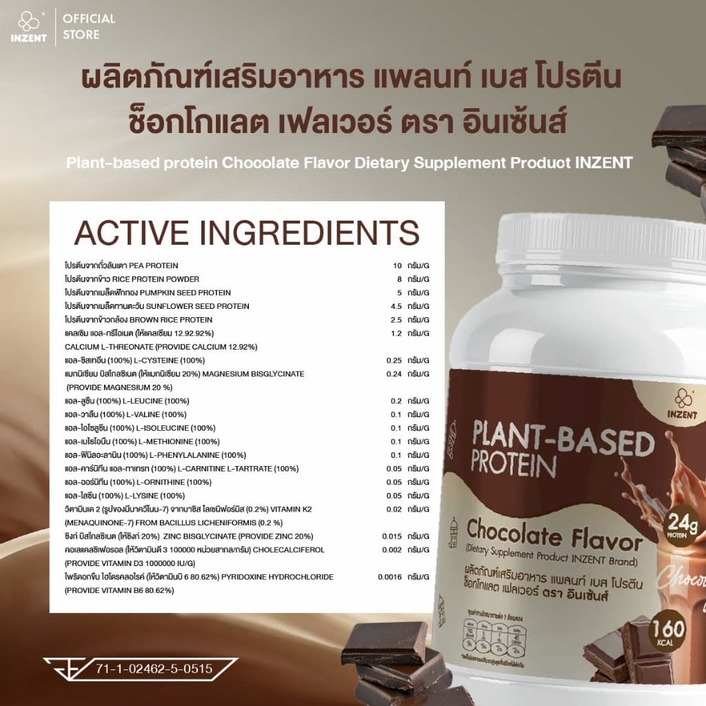 Plant-Based Protein Chocolate Flavor 520 g x2 โปรตีน ตรา INZENT รูปที่ 3